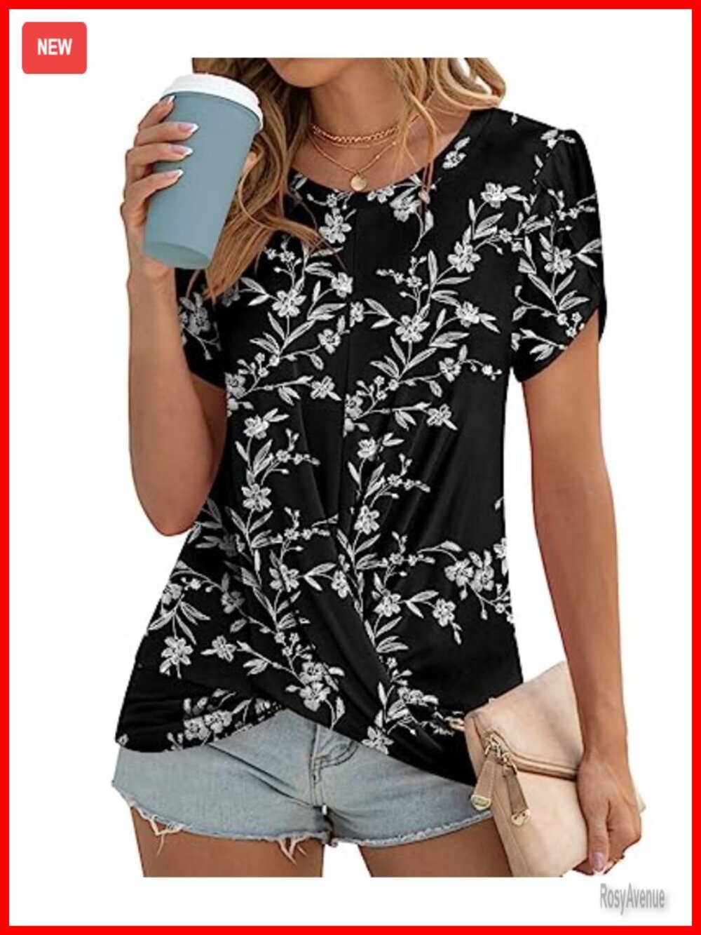 Women's Twist Front Tunic Top - Rayon Spandex Short Sleeve Summer Blouse
